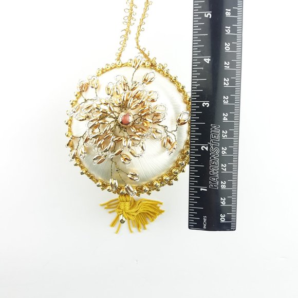 Vintage Satin Beaded Christmas Ornament Cream Gold - Picture 9 of 11